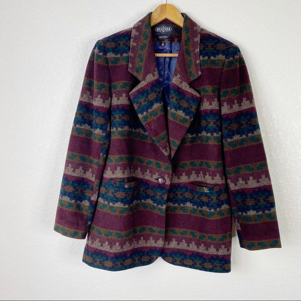 Vintage Braetan Red Aztec Wool Blend Blazer Jacket